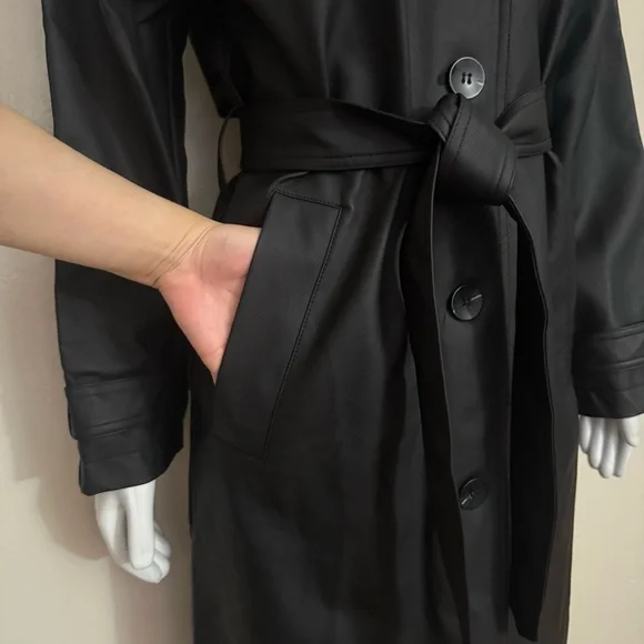 Black PU leather belted single breasted long trench coat - Picture 6 of 13